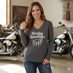 Harley-Davidson Charcoal Gray Biker Flag Thermal Waffle Knit Top Women's Size XL